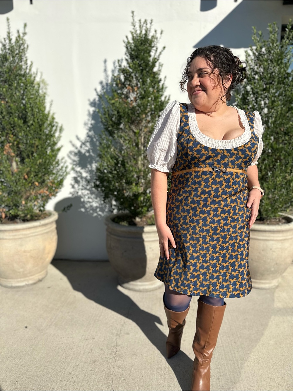 Maeve Equestrian Blue and Mustard Dress with puff sleeve - Picture 1 of 4